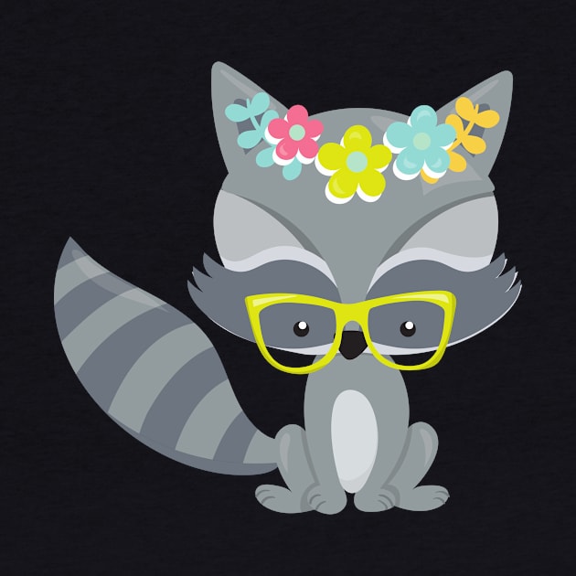 Hipster Raccoon, Raccoon With Glasses, Flowers by Jelena Dunčević